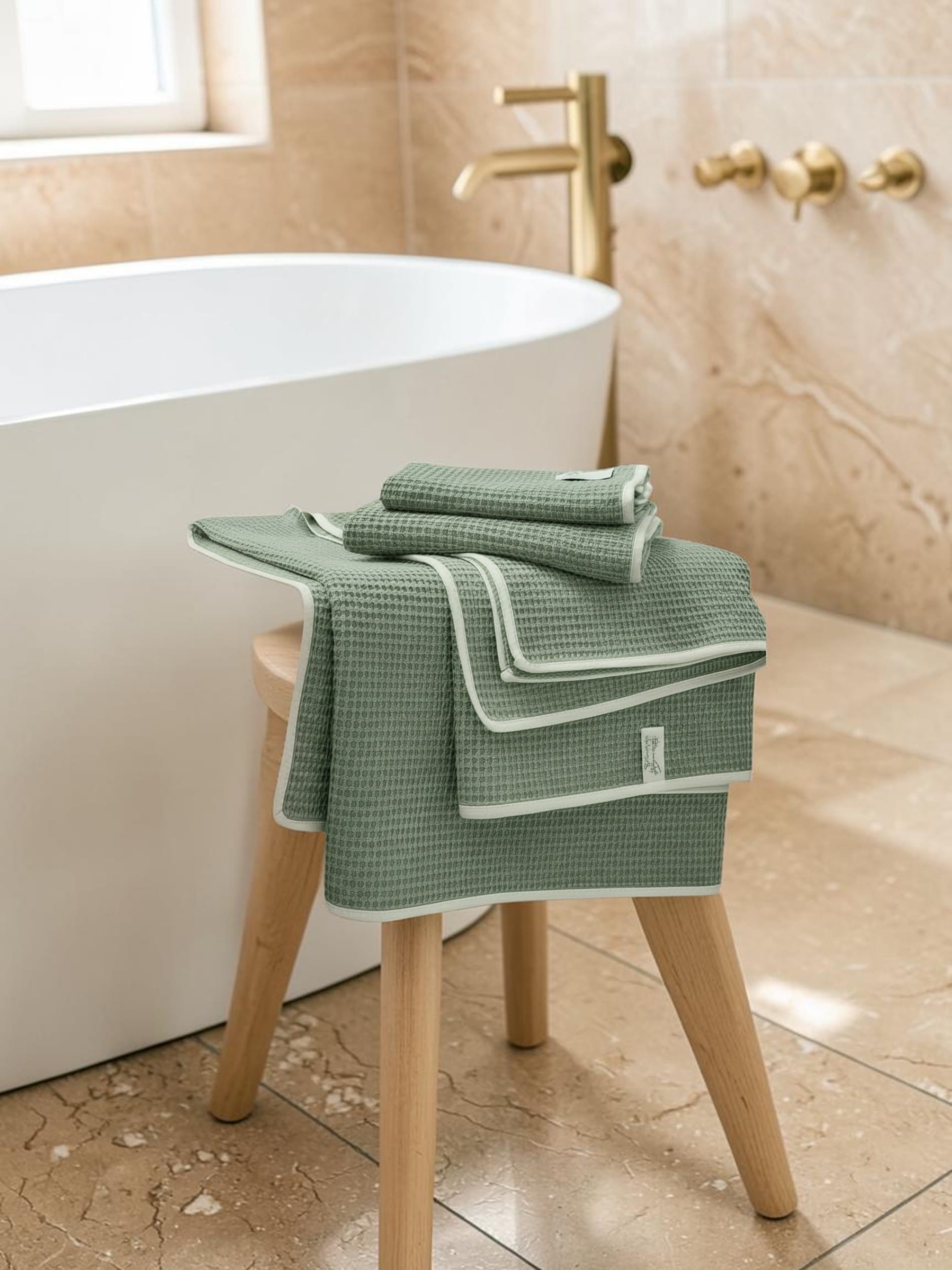 Alt="Juego de toallas waffle de algodón orgánico GOTS color verde salvia en baño estilo spa | La Rueca Voladora"